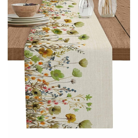 Sage Green Yellow Spring Floral Table Runner Watercolor Botanical Summer Flowers Tablerunners 13 x 70 Inch, Table Decorations Tabletop Scarf for Summer Holiday Farmhouse Kitchen Dining Decor