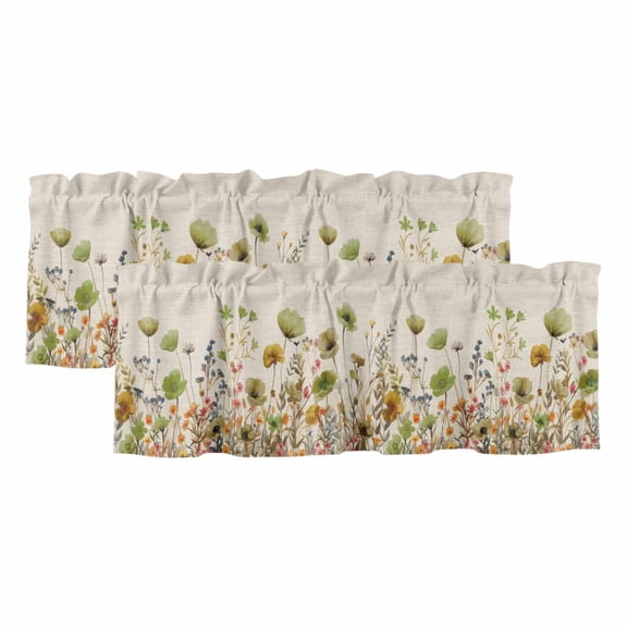 Sage Green Yellow Spring Floral Valances for Windows,Light Filtering Kitchen Curtain Valances 2 Panels,Watercolor Botanical Summer Flowers Short Window Treatments for Living Room Bedroom 42"Wx12"L