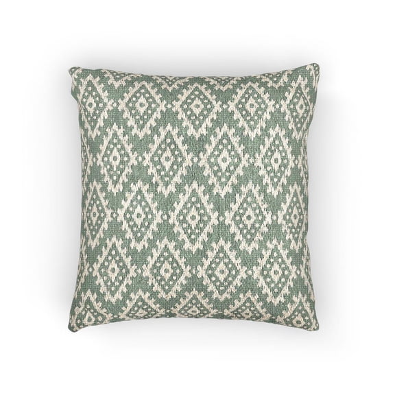 Sage Green and Ivory Ikat Diamond Geometric Decorative Woven Pillow, Cotton-Polyester Shell for Sofa or Bed