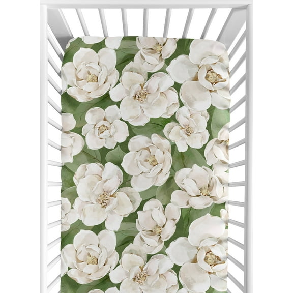 Sweet Jojo Designs Watercolor Magnolia Green and Ivory Fitted Crib Sheet