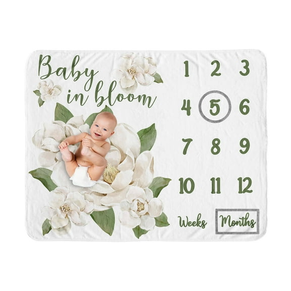 Sweet Jojo Designs Watercolor Magnolia Green and Ivory Fleece Milestone Baby Blanket 3 Piece Set