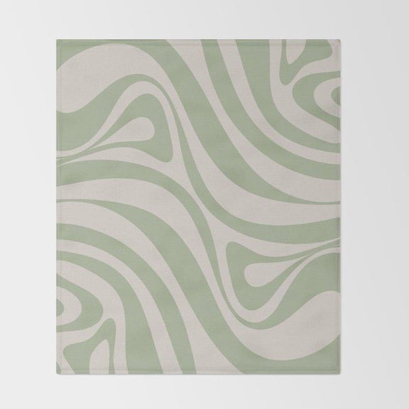 Sage Green and Off-White Fluid Swirl Fleece Blanket, Polyester Fleece Fabric, 280 GSM, Retro Wavy Style