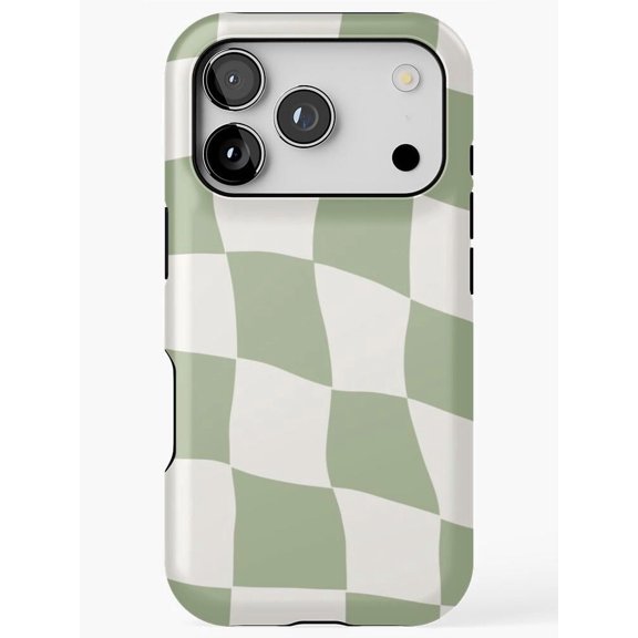 Sage Green and Off-White Wavy Checkerboard Tough Case for Apple iPhone, Polycarbonate Shell with TPU Liner