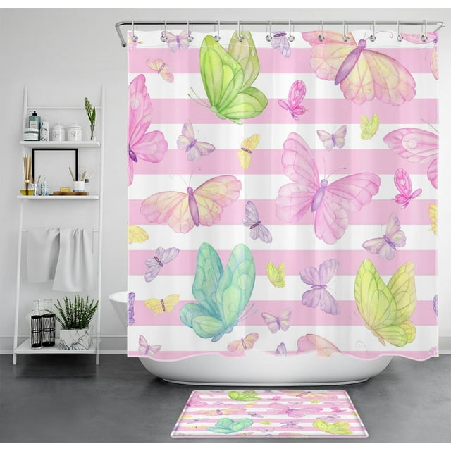 Sage Green and Pink Butterfly Striped Shower Curtain Set Modern