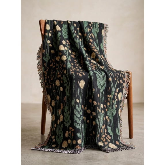 Sage Green and Tan Wildflower Stems Woven Throw Blanket, 100% Cotton ...
