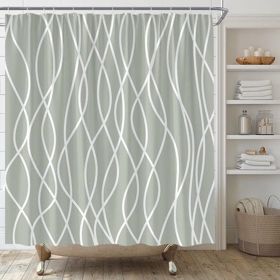 Sage Green and White Striped Shower Curtain, Modern Geometric Stripe Waterproof Bathroom Curtain with Hooks, Minimalist Boho Decor 36"W x 72"H