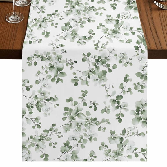 Sage Greenery 48 Inch Table Runner, Eucalyptus Sprigs Watercolor Botanicals Farmhouse Dresser Scarf Cotton & Linen Tablerunner for Dining/Kitchen Island/Holiday Party Décor 13" x 48"