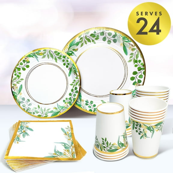 Sage Greenery Plates for 24 Napkins Paper Plates Napkin and Cups Party Tableware Floral Gold Leaf Decor