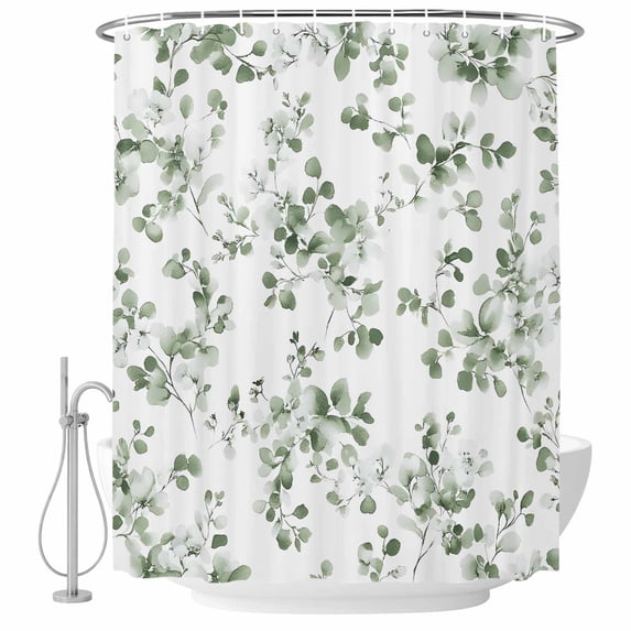 Sage Greenery Shower Curtain Set - Small 36" x 72" Washable Bathtub Curtain with 12 Hooks, Eucalyptus Sprigs Watercolor Botanicals Waterproof Fabric Stall Shower Curtains for Bathroom/Bathtub Décor