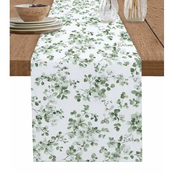 Sage Greenery Table Runner 48 Inches, Eucalyptus Sprigs Watercolor Botanicals Bed Runner Dresser Scarves Tabletop for Indoor Outdoor Parties/Ceremony/Banquet, 13" x 48"