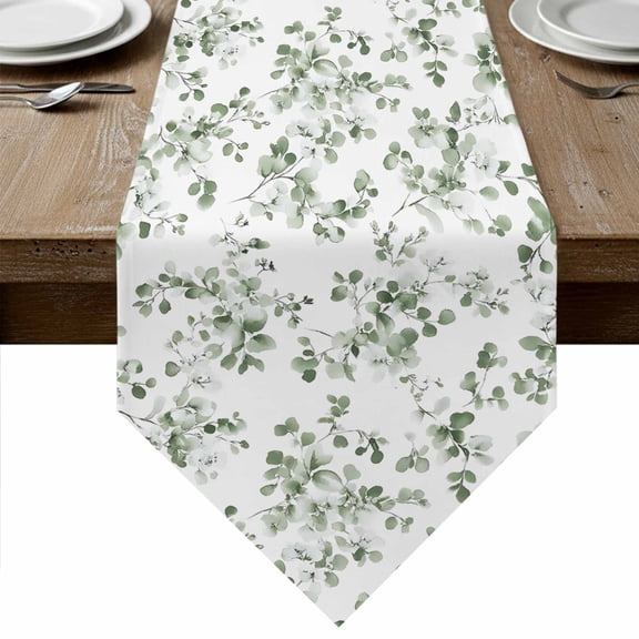 Sage Greenery Table Runner Linen Burlap Table Runner 48 Inches Long Eucalyptus Sprigs Watercolor Botanicals Dresser Scarves for Kitchen Island Coffee Dining Party Wedding Holiday Decor 13"x48"