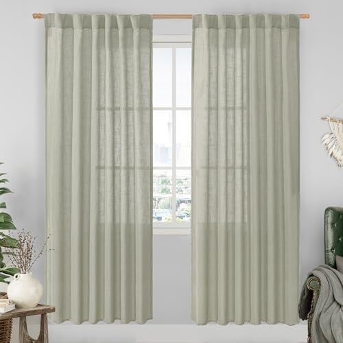 Sage Grey Linen Boho Curtains 80 inch Length 2 Panels, Light Filtering Semi Sheer Panels Back Tab and Rod Pocket Neutral Drapes for Bedroom/Living Room, 52 x 80 Inch