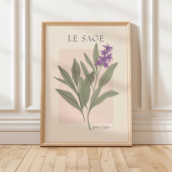 Sage Herb Poster Botanical Kitchen Wall Art Green Pink Decor, Unframed Paper Poster 8x10in