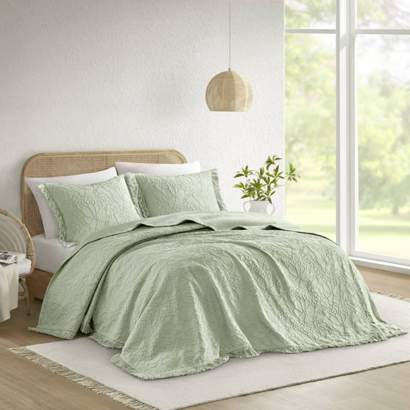 Sage King Bedspread Set 3-Piece, Chenille Floral Design with Fringe, Cotton Polyester Blend
