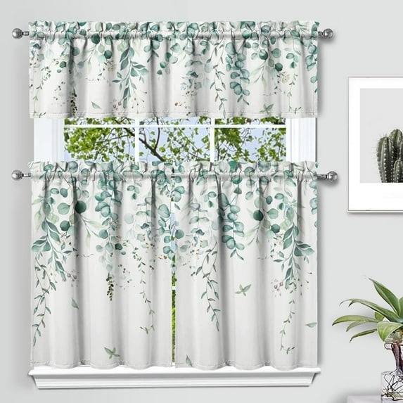 Sage Kitchen Curtain Valance 3 Piece Set, Sage Leaf Floral Kitchen Decor for Home Interior Decor, Farmhouse Kitchen Curtains and Valance Set Short Curtain Sink Window Decor 36 Inch