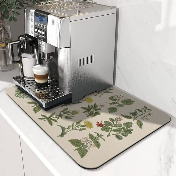 Sage Leaves Coffee Mat 24x18 Inch for Kitchen Counter, Silicone Dish Drying Mats for Coffee Bar Coffee Machine Coffee Maker or Countertop Protector Mat