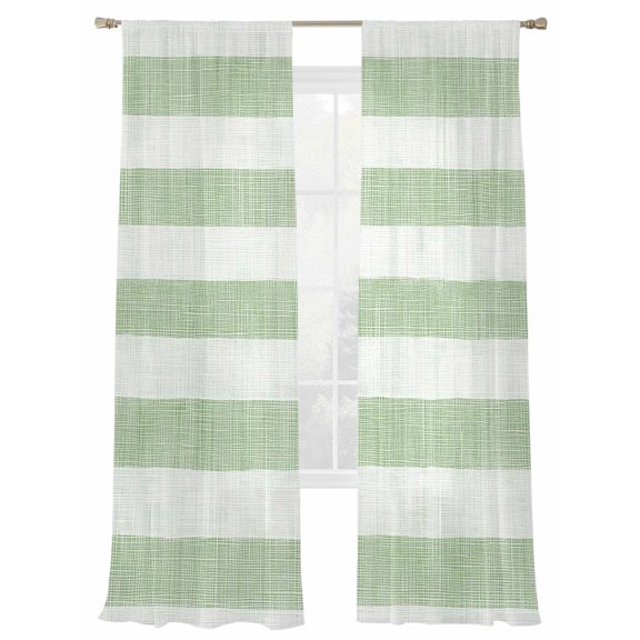 Sage Linen Stripes Sheer Curtains for Living Room Bedroom, Vintage Country Light Filtering Sheer Curtains, Rod Pocket Voile Window Drapes, 2 Panels Set 52"x 96"