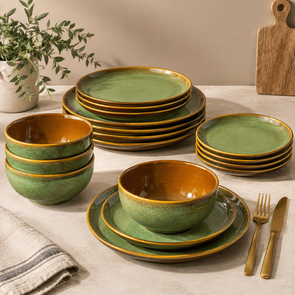 Sage Meadow Green Ceramic Dinnerware Set, Service for 4-12pcs