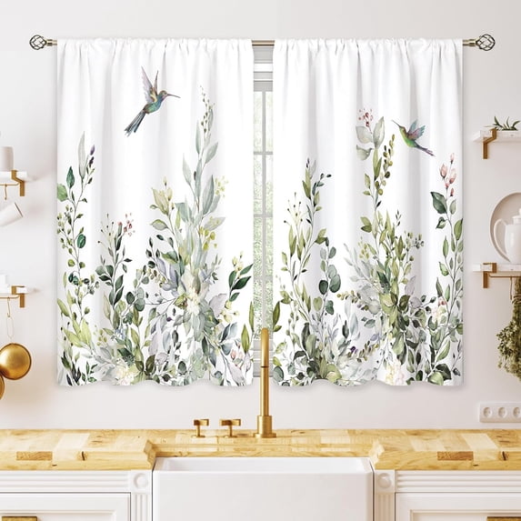 Sage Mint Green Eucalyptus Botanical Leaves Floral Kitchen Window Curtains Flower Leaf Small Hummingbird Window Treatment Cafe Short Curtains for Bathroom Treatment Tier Drapes 27.5x39inch