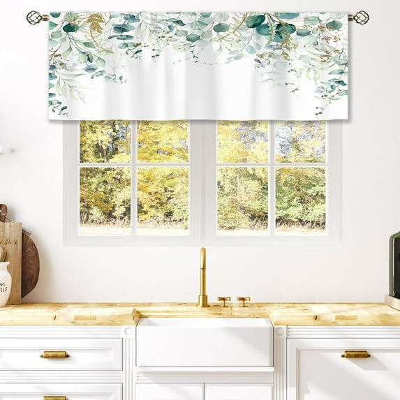Sage Mint Green Gold Eucalyptus Curtain Valance for Window Treatments Botanical Leaves Kitchen Treatment Watercolor Plant Floral Drapes for Bathroom Bedroom Living Room 1 Panel (52x18 Inch)