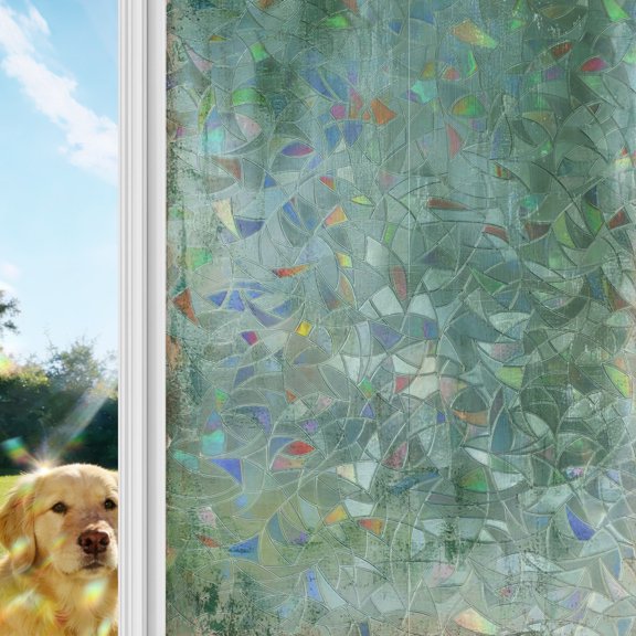 Sage Moss Plaster Rainbow Window Privacy Film, Rustic Grungy Timber Scratch Celadon Texture Stained Glass Window Film, Sun Blocking Static Cling Non Adhesive Door Stickers 17.7 x 39.3 Inches