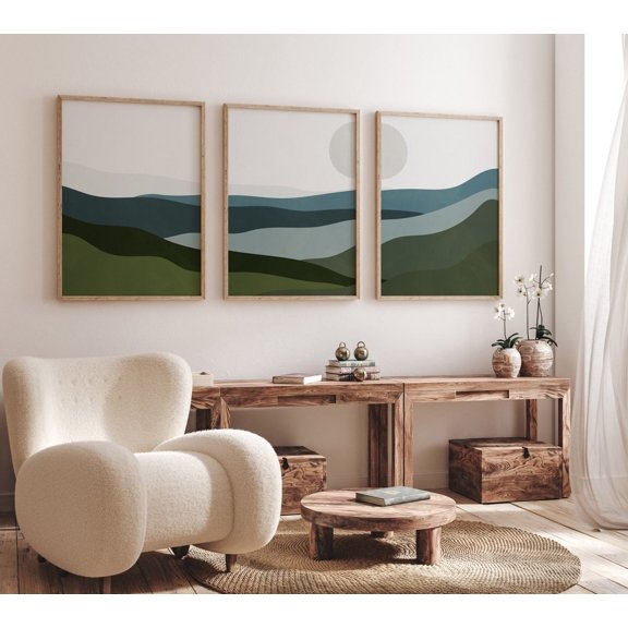 Sage Mountain Triptych Wall Art Set Print With Japandi Landscape And Calm Nature Decor