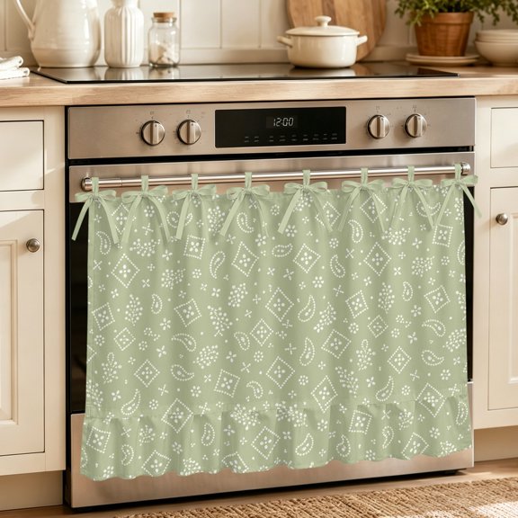 Sage Paisley Oven Skirt with Ribbon Ties&Ruffled Trim - Cream Icons Low Contrast Handmade Oven Curtain for Dishwasher, Washing Machine Cabinet Effortless Install, Hide Clutter 30"x21.5"