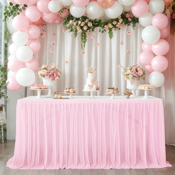 Sage Pink Tulle Table Skirt 30ft - Recyclable Extra Long Ruffled Tablecloth, Reusable for Wedding Birthday Banquet Decor, Easy Install Dessert Table Skirt