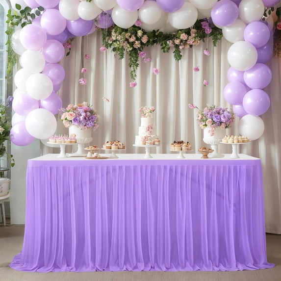 Sage Purple Tulle Table Skirt 30ft - Recyclable Extra Long Ruffled Tablecloth, Reusable for Wedding Birthday Banquet Decor, Easy Install Dessert Table Skirt