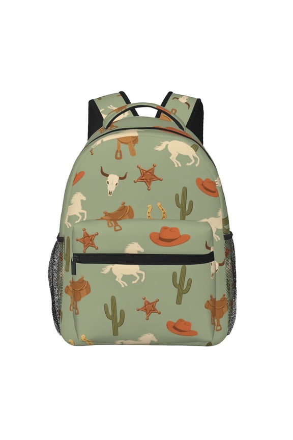 Sage Ranch Western Cowboy Pattern Backpack Casual College Bag Zipper Laptop Daypack Hiking Rucksack Travel