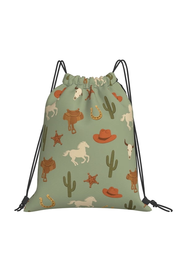 Sage Ranch Western Cowboy Pattern Large Drawstring Backpack Casual Cinch Sack Bag Backpack for Sports Hiking Travel Gym