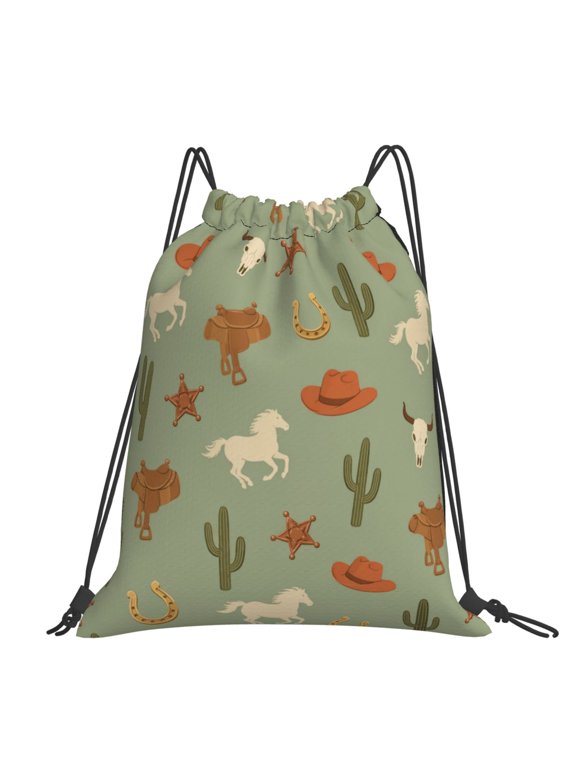 Sage Ranch Western Cowboy Pattern Large Drawstring Backpack Casual Cinch Sack Bag Backpack for Sports Hiking Travel Gym