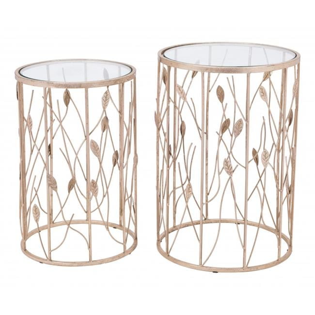 Gold and Glass Botanical Round Accent Tables Set of 2