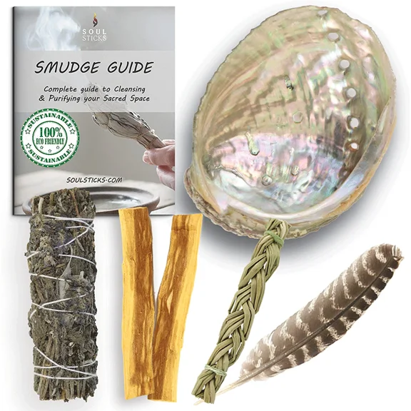 Sage Smudge Kit | Lavender Smudge Stick, Sweetgrass Braid, 2 Palo Santo Sticks, Abalone Shell, & Feather Smudging Kit for Meditation, Yoga, Reiki, Home Cleansing