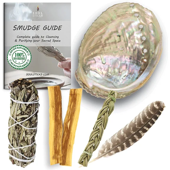 Sage Smudge Kit | Yerba Santa Sage, Sweetgrass Braid, 2 Palo Santo Sticks, Abalone Shell, & Feather Smudging Kit for Meditation, Yoga, Reiki, Home Cleansing