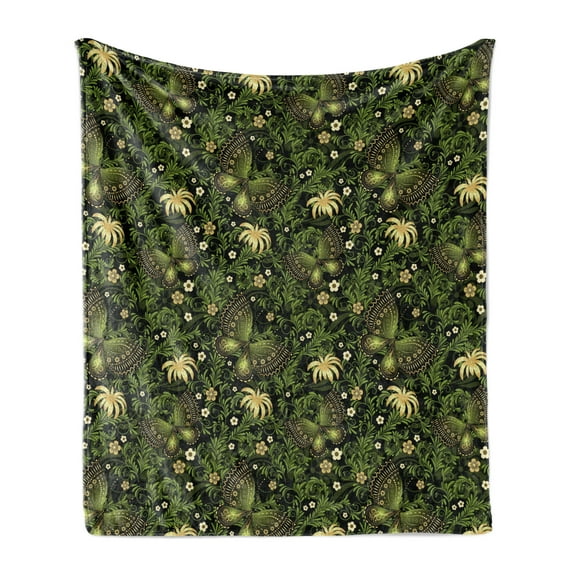 Sage Soft Flannel Fleece Blanket, Spring Inspired Ornaments Butterflies Little Blossoms Swirled Leaves Vintage, Cozy Plush for Indoor and Outdoor Use, 60" x 80", Yellow Black Green, by Ambesonne