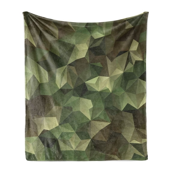 Sage Soft Flannel Fleece Throw Blanket, Geometric Fractal Shapes Triangles Camouflage Inspired Form Poly Effect, Cozy Plush for Indoor and Outdoor Use, 70" x 90", Brown and Green, by Ambesonne
