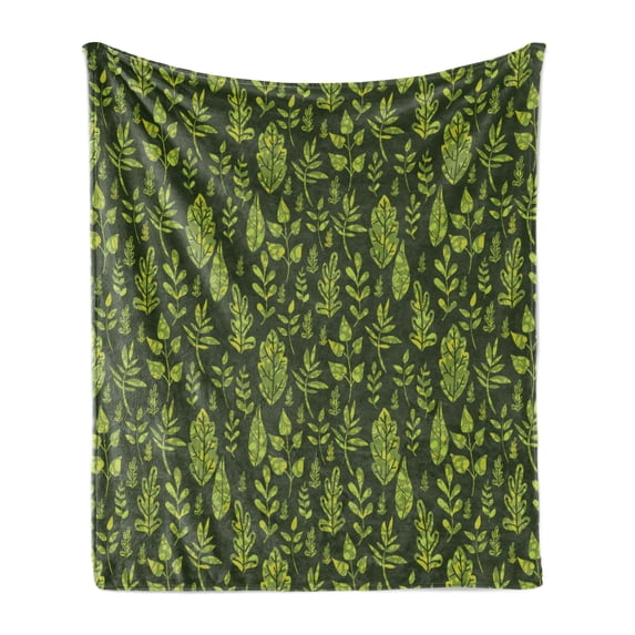 Sage Soft Flannel Fleece Throw Blanket, Patterned Green Leaves Nature Inspired Composition Fresh Trees Woodland, Cozy Plush for Indoor and Outdoor Use, 60" x 80", Apple Green Dark Green, by Ambesonne
