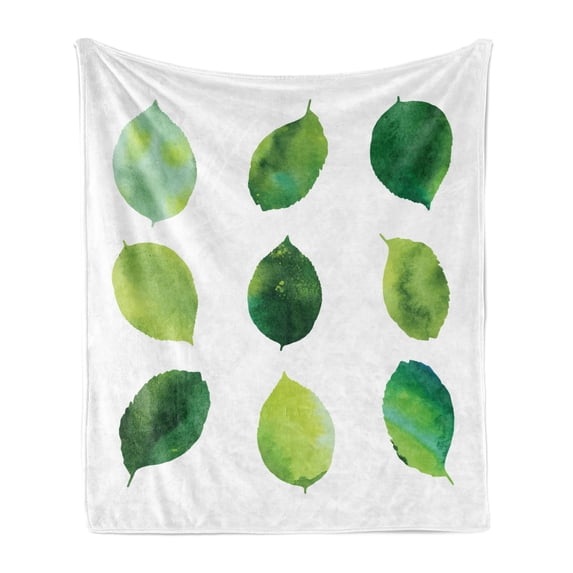 Sage Soft Flannel Fleece Throw Blanket, Watercolor Art Theme Green Leaves Fresh Foliage of the Trees Forest Woods Ecology, Cozy Plush for Indoor and Outdoor Use, 70" x 90", Green White, by Ambesonne
