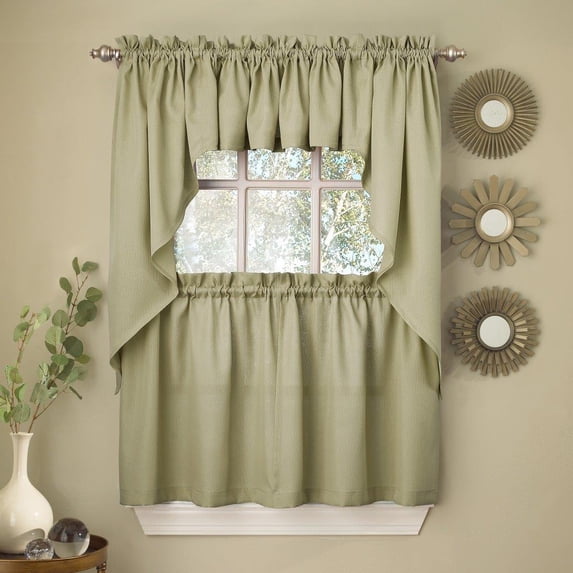 Sage Solid Opaque Rib Cord Kitchen Curtains Choice Of Tiers Valance Or Swag