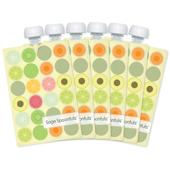 Sage Spoonfuls Reusable Baby Food Pouches - 6 Pack, Baby Food Storage, Pouches Toddler, Refillable Squeeze Pouch for Kids (Fruit Dot), Dishwasher and Freezer Safe, BPA Free 6-Pack