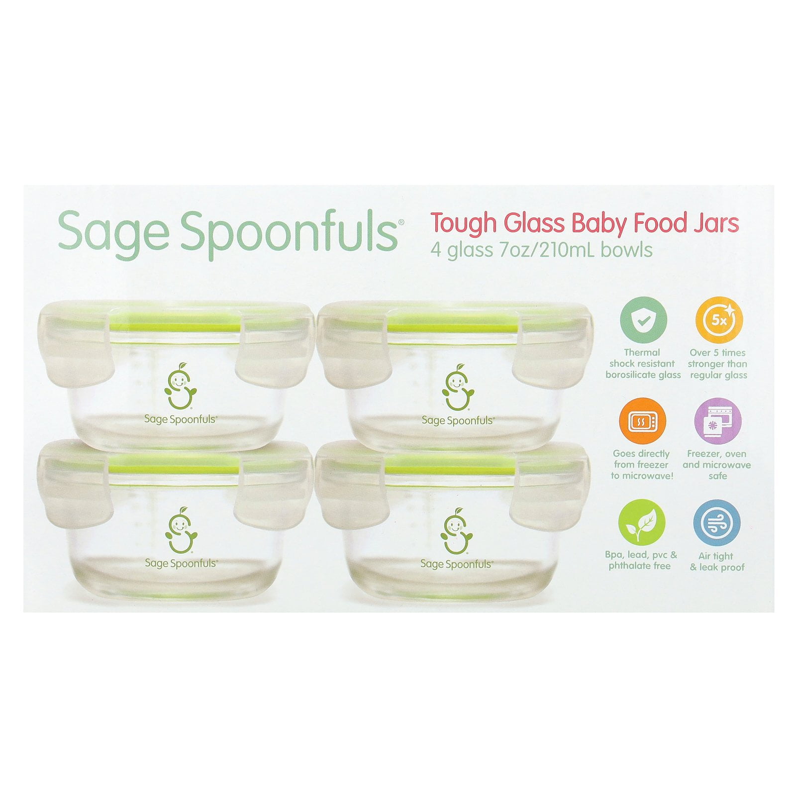 Sage Spoonfuls Tough Glass Baby Food Jars, 4 Pack, 7 oz (210 ml) Each