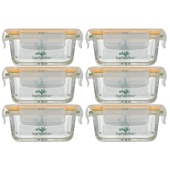 Sage Spoonfuls Tough Glass Baby Food Storage Containers, 6-Pack (4oz) Borosilicate Glass Baby Food Storage Containers With Snap-On Lids, Leakproof Baby Food Jars, for Infants and Babies, Freezer Safe