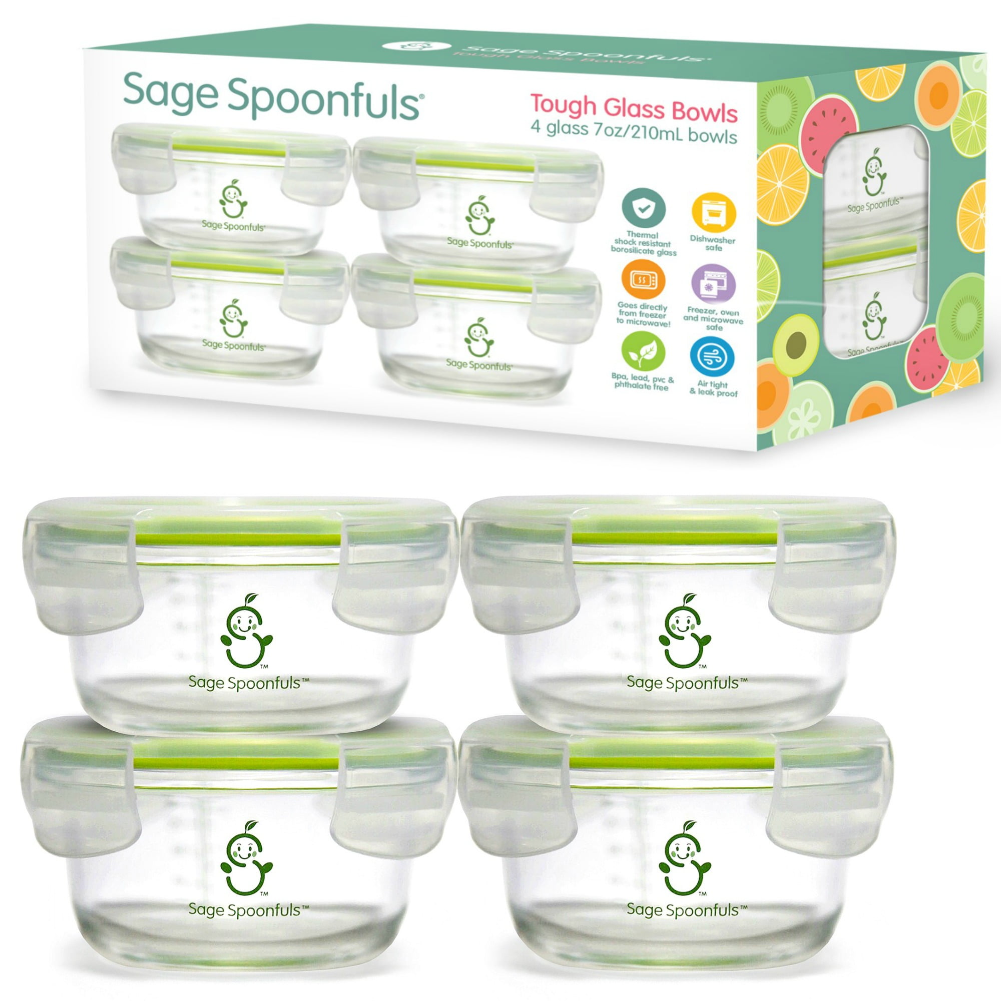 Sage Spoonfuls Tough Glass Baby Food Storage Jars, 4 Pack (7 oz), Baby