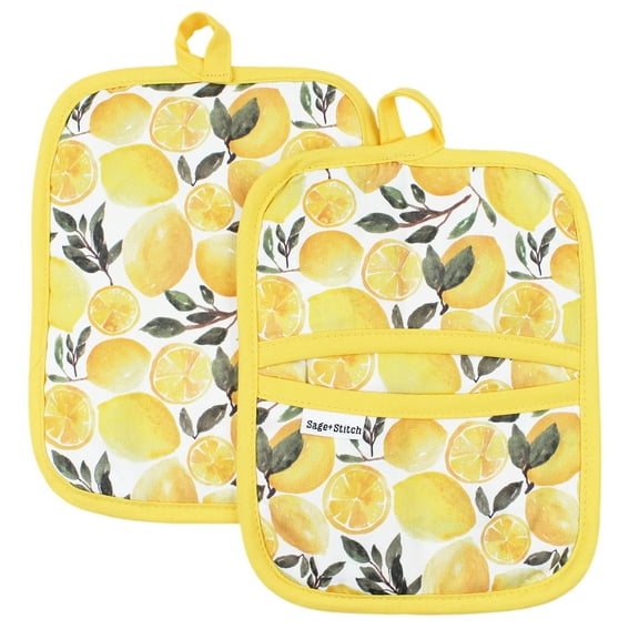 Sage+Stitch Heat Resistant Pot Holders with Hand Pockets and Hanging Loops | Set of 2 100% Cotton Oven Dual Function | 7'' x 9'' | Yellow Lemons