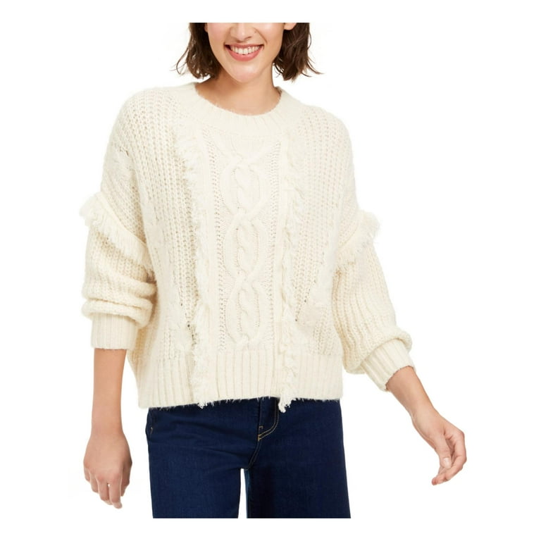 Sage The Label Women's Fringe Cable Knit Crewneck Sweater Beige Size Small