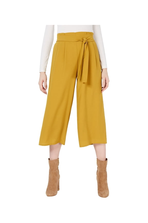 Womens Belted Relaxed Culottes Dress Pants, Yellow, Medium