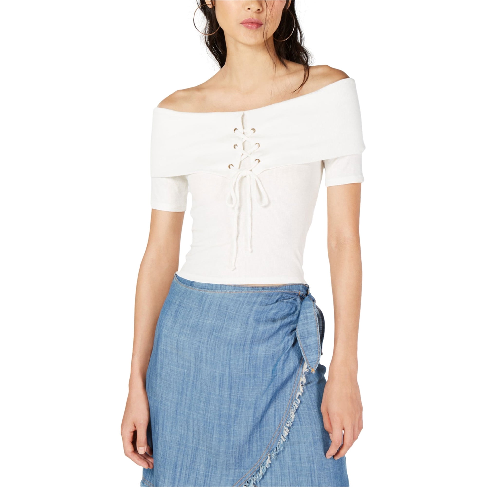 Womens Lace-up Basic T-Shirt, White, Large