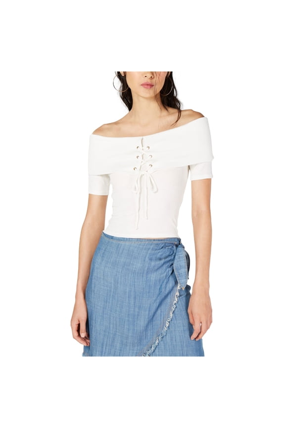 Womens Lace-up Basic T-Shirt, White, Large