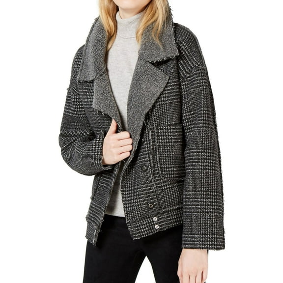 Sage The Label Womens Plaid Moto Fleece Jacket, Grey, Large